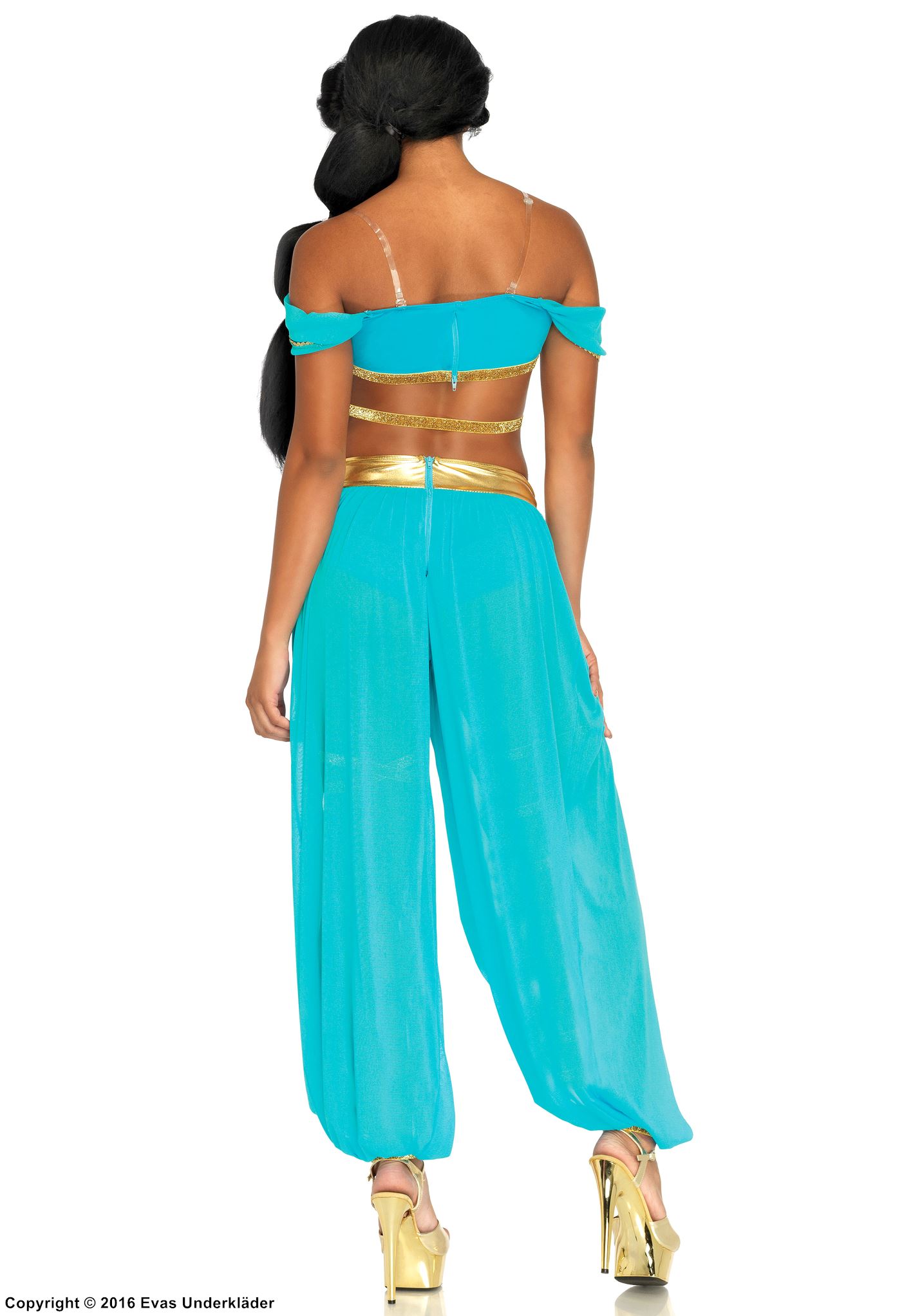 Princess Jasmine from Aladdin, costume top and pants, lace, rhinestones, crossing straps, off shoulder